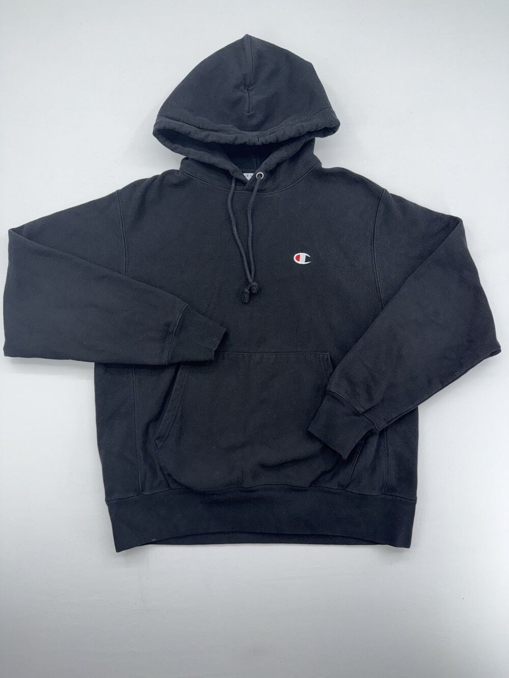 Champion Reverse Weave Black Pullover Logo Hoodie - Men's Medium